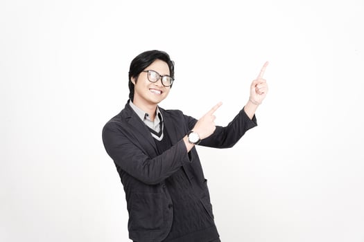 A man in glasses pointing at something photo