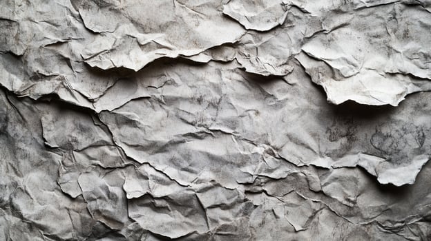 Close-up of crumpled paper creating textured abstract. Neutral tones and shadows add depth to the detailed paper. photo