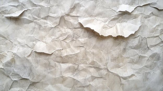 An overhead view shows a crumpled piece of paper, its surface displaying a network of folds and tears that evoke a sense of age and texture. photo