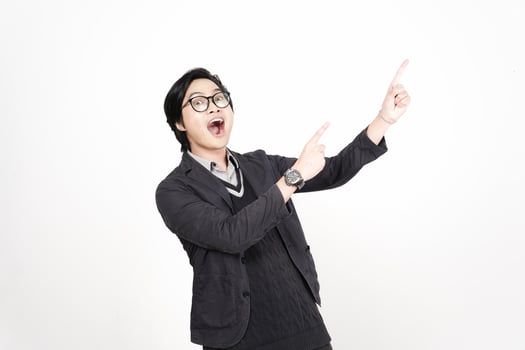 A man in glasses pointing up with his hand photo