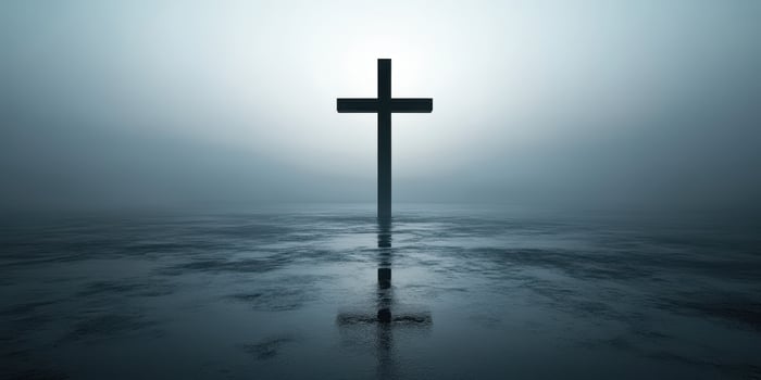 Dark silhouette of a cross reflecting in still water during foggy dawn near a tranquil landscape photo