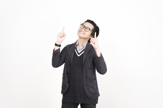 A man in glasses and a sweater is pointing up photo