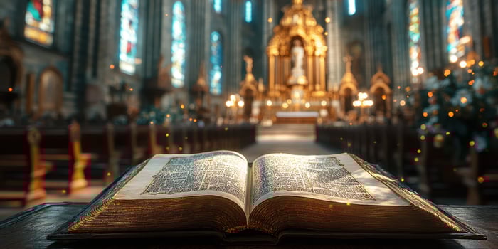 Open sacred book resting on altar in dimly lit church with stained glass windows photo