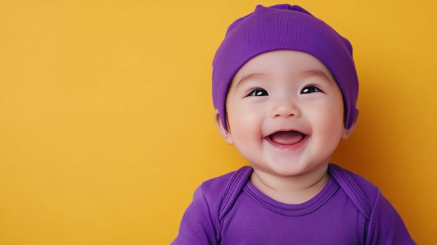 Adorable baby in a purple hat and outfit smiles brightly against a vibrant yellow background, radiating joy and innocence. photo