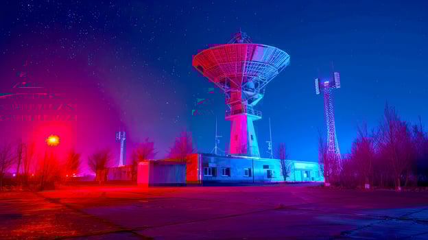 Nighttime Satellite Dish with Vibrant Colors and Starry Sky photo
