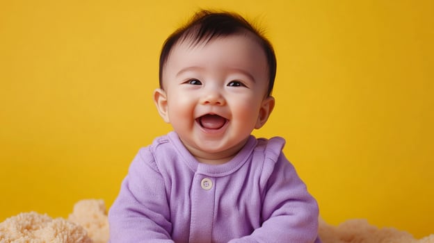 A radiant baby beams with joy, their infectious laughter filling the air against a sunny backdrop of vibrant yellow color photo