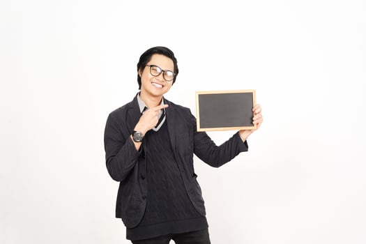 A man holding a blackboard and smiling photo