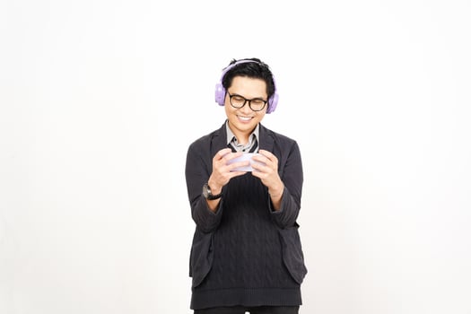 A man in glasses and headphones holding a cell phone photo