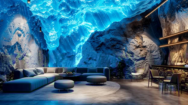 modern cave interior featuring blue lighting that enhances the unique textures photo