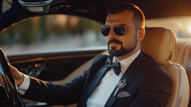 Dapper gentleman drives with elegance. Confident man in suit and sunglasses behind the wheel, exuding style and sophistication. Classy driving. photo