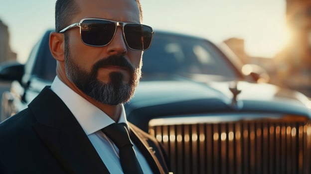 Confident man in suit with sunglasses stands in front of a luxury car. Power and sophistication combined. Sunlit background exudes success. photo