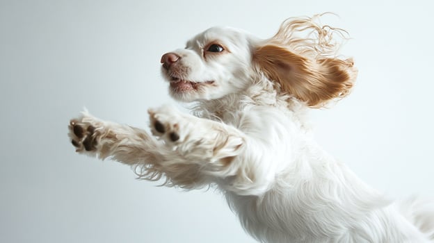 Joyful Spaniel mid-air, leaping with exuberance. Golden ears fly as it bounds, paws reaching. Pure canine bliss captured in motion. photo