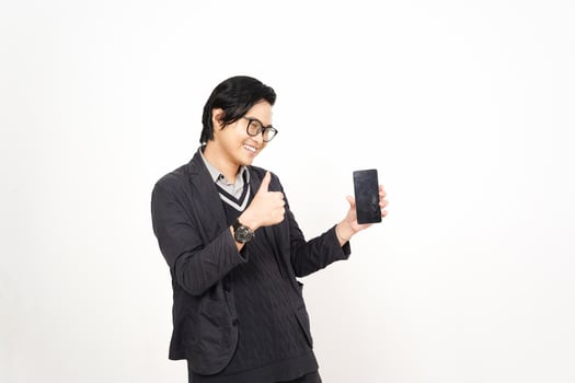 A man in glasses holding a smart phone photo