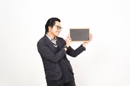 Asian man holding a blackboard and smiling photo