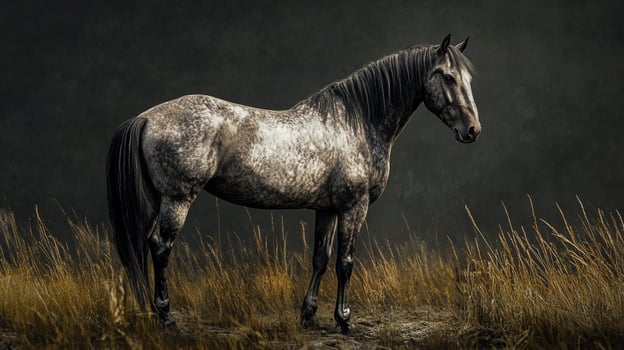 Dapple gray horse standing in a field of dried grasses, with dark background and a dignified pose. Serene and majestic animal. photo