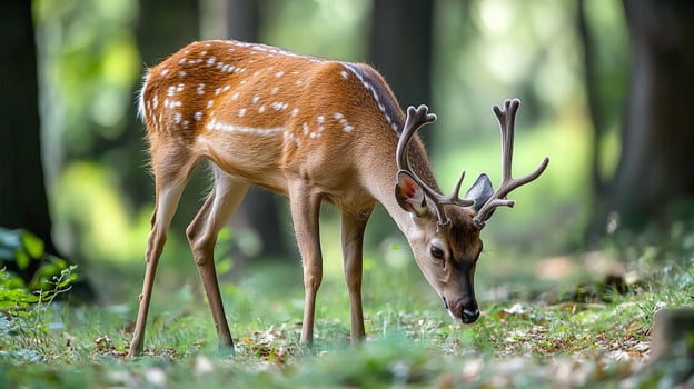Spotted deer grazing peacefully in the forest, its antlers still growing in, eating grass in a forest with tall trees and green leaves. photo