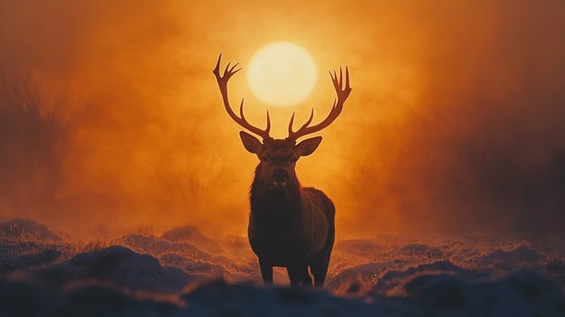 Majestic stag silhouetted against a fiery sunset, antlers framing the sun in a serene wilderness scene. Nature's artistry unfolds. photo