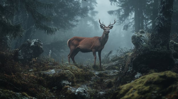 Stag in misty forest, its brown coat standing out against the green mossy rocks and misty background with tall trees. photo