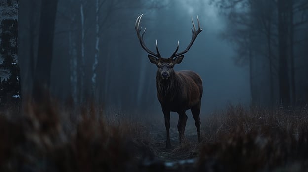 Majestic stag amidst ethereal mist, its antlers reaching towards the heavens, a symbol of wilderness and untamed beauty. photo