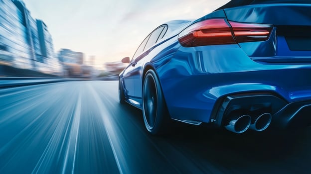 Experience the thrill of the open road in a striking blue sports car, captured in motion against a blurred cityscape backdrop. photo