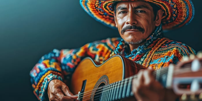 Musician plays traditional guitar while wearing colorful attire in a cultural setting during a festive gathering photo