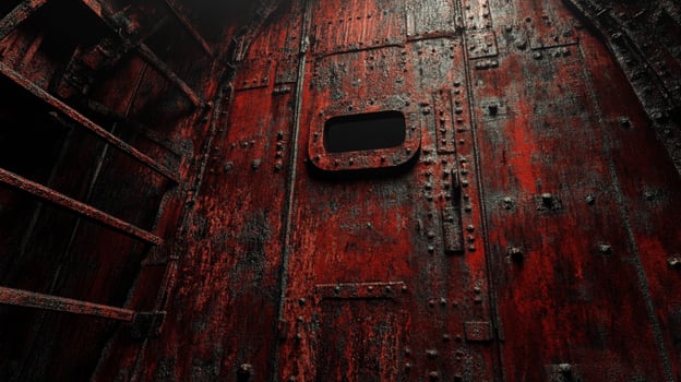 Distressed interior of an abandoned ship with heavily rusted metal walls, rivets, and a small square window. A ladder is visible. photo