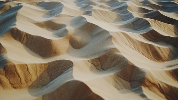 Sandy terrain with waves. The desert land is highlighted by shadows. The ground is rough, and the colors are light tan and dark tan. photo