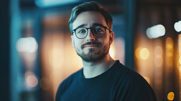 Portrait of a man with glasses and a beard against a bokeh background, looking directly at the camera with a soft smile. photo