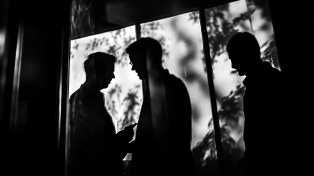 Silhouette study of three figures engaged in discussion by a window, set against a softly lit background. Dramatic use of light and shadow. photo