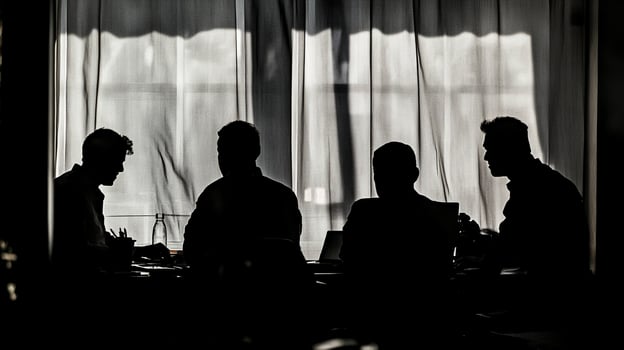 Silhouetted figures convene near a window, creating an atmosphere of focused discussion and strategic planning. photo