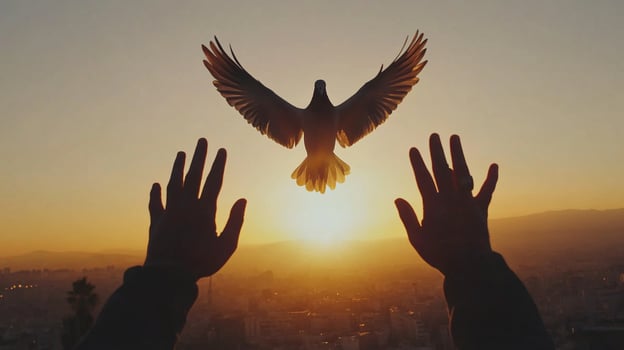 A person releases a bird into the sky during sunset, symbolizing freedom and hope against the cityscape silhouette. photo