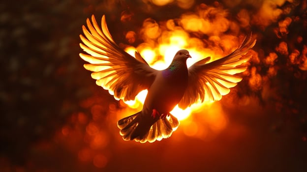 Dove soars against a vibrant, fiery sunset. Its wings catch the light, creating a striking contrast between the bird and the background. photo