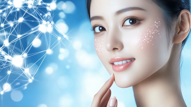 Asian woman with glowing skin, showcasing skincare technology with a network background. Beauty and innovation concept. Modern beauty aesthetic. photo
