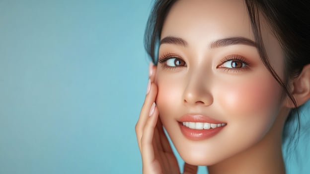 Radiant Asian woman with flawless skin and natural makeup, smiling gently against a soft blue background. Fresh, clean, and vibrant. photo