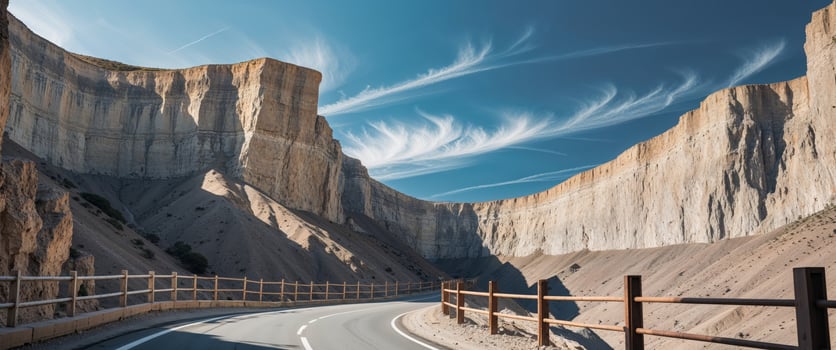 Winding road climbs through narrow gorge surrounded by towering cliffs under a vast sky. photo