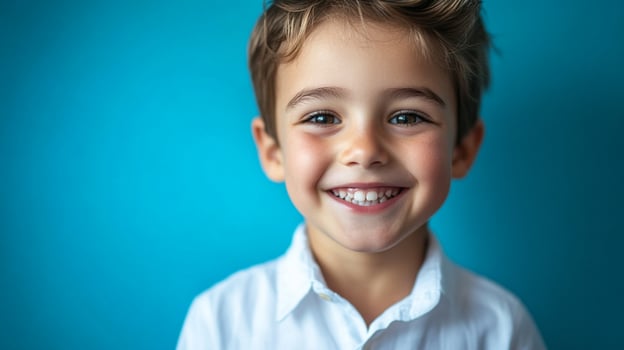 Smiling young boy with curly blonde hair and wearing a white collared shirt poses against a vibrant teal background. He is looking at camera. photo