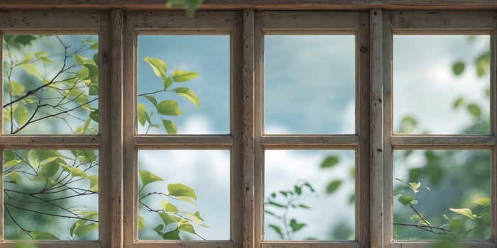 Wooden framed window with panes showing outdoor foliage views. photo
