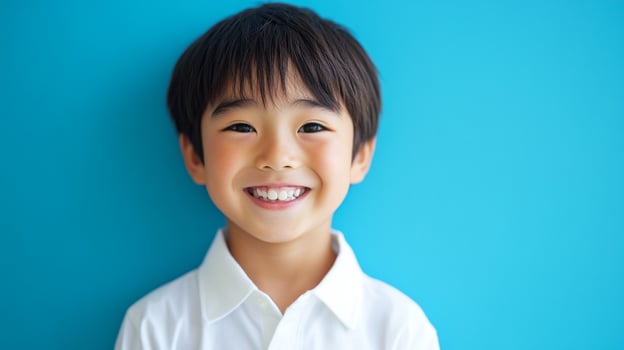 Smiling Asian boy in a crisp white shirt against a vibrant blue backdrop, radiating joy and positivity. Pure happiness captured in a portrait. photo