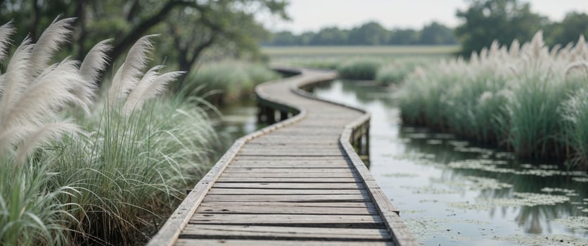 Winding boardwalk journey serene marshland travel destination natural setting tranquil view rustic experience photo