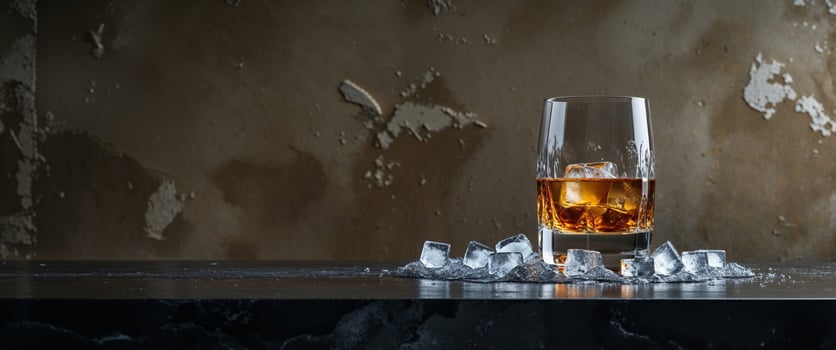 A glass of whisky with ice cubes on a table photo