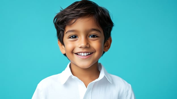 Cheerful young boy radiating pure joy with his bright smile, set against a vibrant blue background. A portrait of childhood innocence. photo