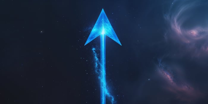 An arrow in the sky with a blue light photo