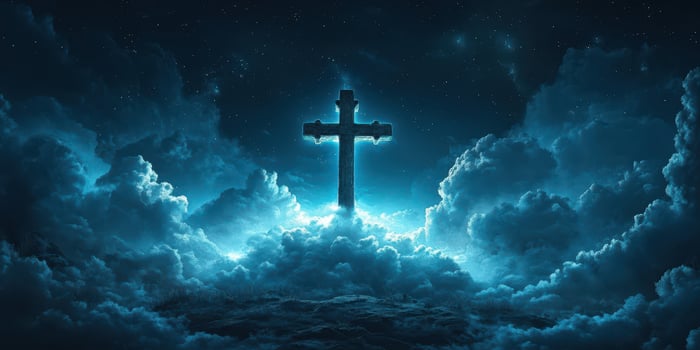 Cross illuminated in a mystical night sky filled with clouds and stars creating a serene spiritual atmosphere photo