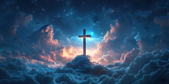 Beautiful cross rising above vibrant clouds during twilight hours, symbolizing hope and faith in a serene sky photo