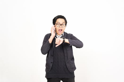 A man in glasses and sweater is making a gesture with his hand photo