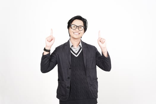 A man in glasses and a sweater is pointing up photo