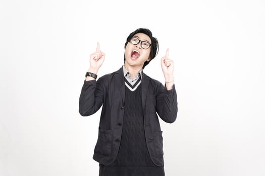 A man in glasses and a black jacket is making a gesture photo