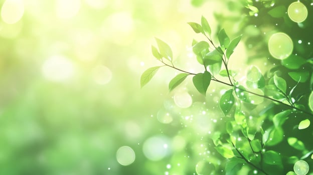 Fresh green leaves in a blurred ethereal setting evoke a sense of springtime, growth, and natural serenity. Light enhances the verdant scene. photo