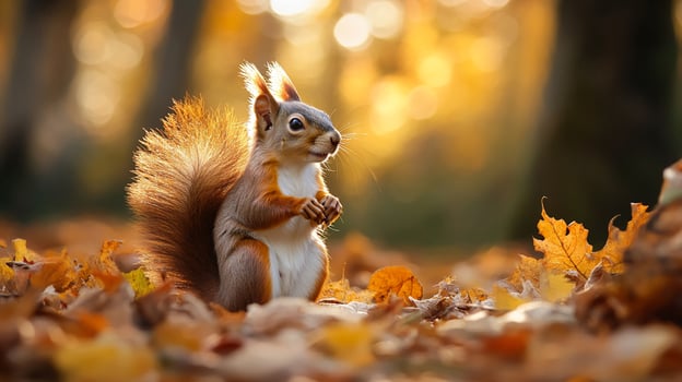 A squirrel with a fluffy tail is looking at the scene in front of it on the colorful autumn leaves in the forest. photo