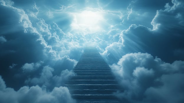 A stairway climbs into the bright sky above, surrounded by ethereal clouds. It could be stairs to heaven or paradise in the heavens above. photo
